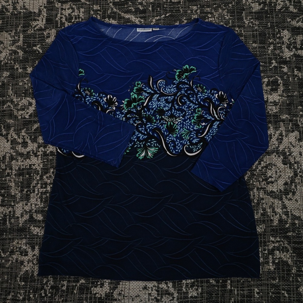 Croft & Barrow Women's Medium Blue Floral Sheer Long Sleeve Blouse Boat Neck Top